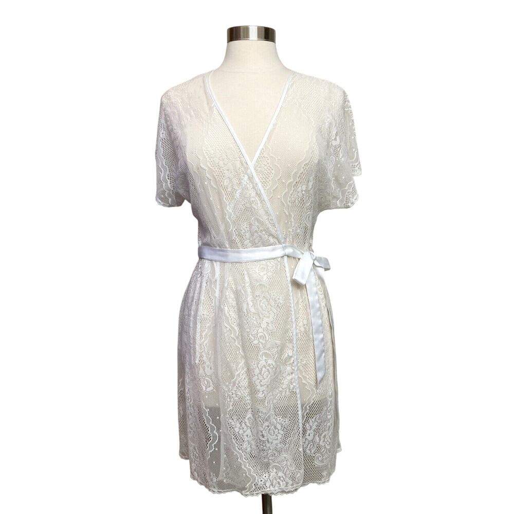 Womens Secret Treasures Sheer Lace Robe Sleepwear Lingerie Short Sleeve Cover LG